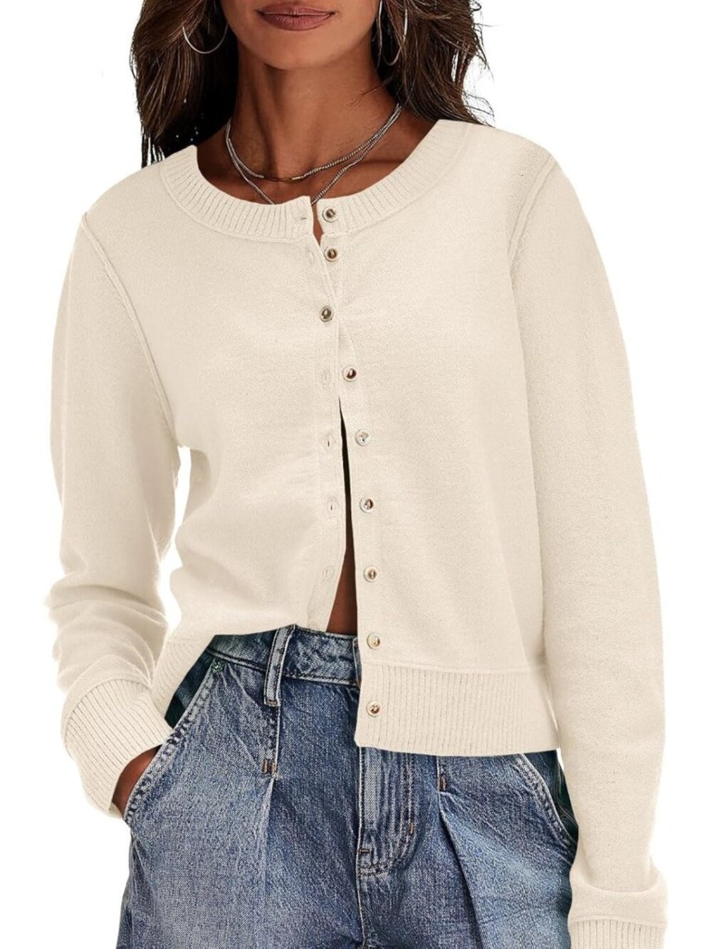 Women's Apricot Long Sleeve Crew Neck Imported Button Down Cardigan Sweaters